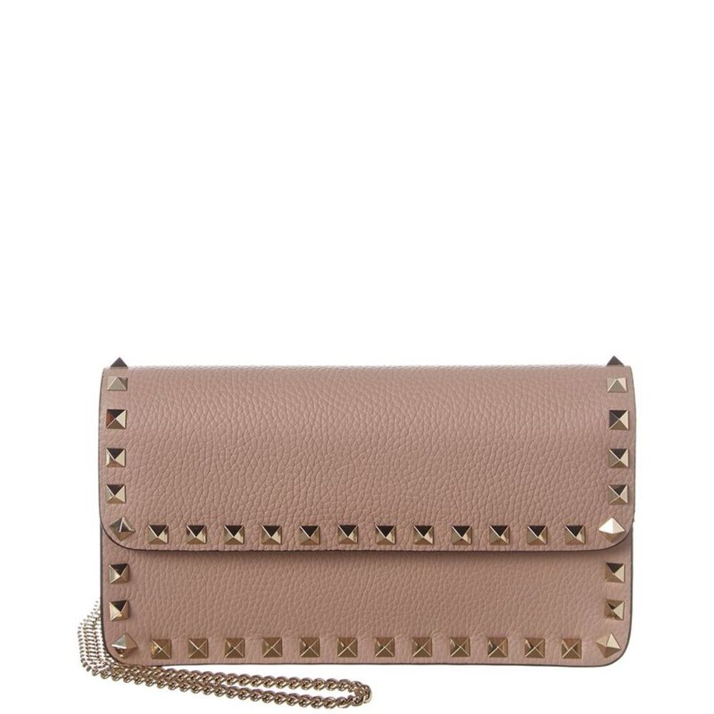 Valentino Rockstud Grainy Leather Wallet On Chain, Beige